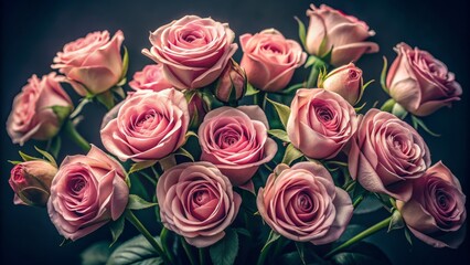 Obraz premium Delicate, velvety pink roses bloom in a lavish arrangement against a mysterious, dark backdrop, exuding vintage elegance and subtle sophistication.