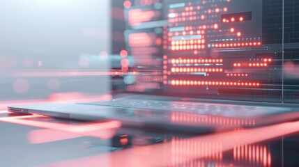 Futuristic laptop displaying digital data visualization and code, representing advanced technology and cybersecurity concept.