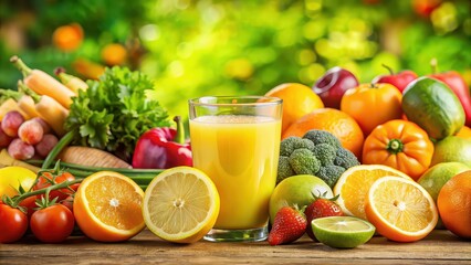Fresh lemon juice drizzled over a colorful array of vegetables and fruits , lemon, juice, citrus, vegetables, fruits, healthy © Udomner