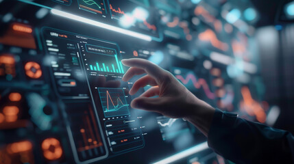Fototapeta premium Close-up of hand touch on virtual screen with digital analysis dynamic charts and graphs. Data visualization, business analytics and technology concept.