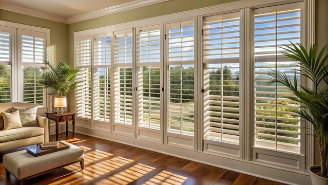 Elegant solid frame plantation shutters with adjustable louvers filter natural light, adding classic sophistication to any room's decorative style.