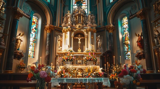 Beautiful catholic church altar inside decor and candles