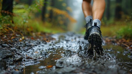 Person making their way through a challenging muddy terrain their legs caked in mud Stock Photo with copy space