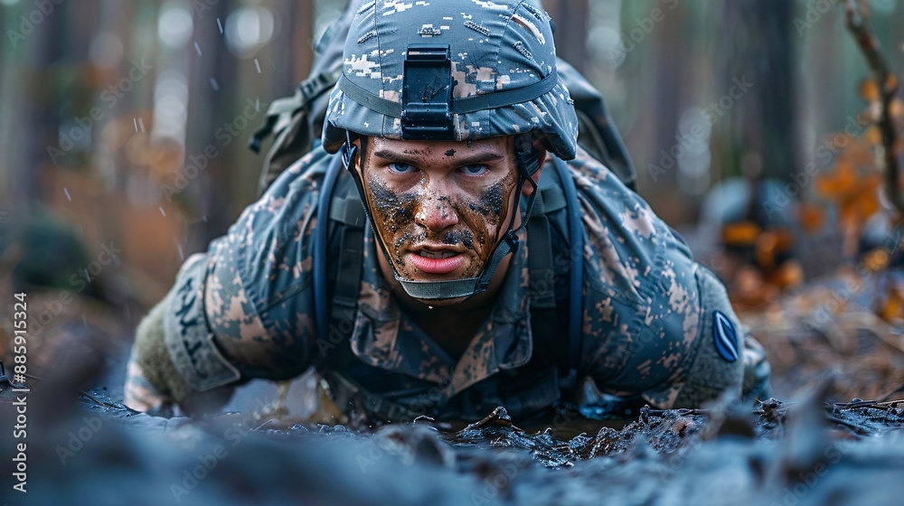 Poster individual pushing through a muddy swamp their face showing determination stock photo with copy spac