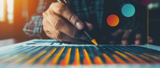 Closeup of hand check a marketing plan with performance graphs on paper.