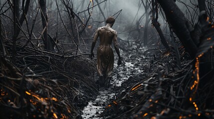 Individual struggling through a muddy forest pathway branches and mud all around Stock Photo with copy space