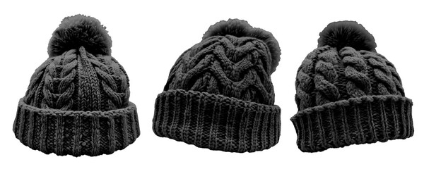 Set of black pom pom ball knit knitted woven cuffed wool ribbed beanie hat, front and flat lay view on transparent cutout PNG file. Mockup template for artwork design