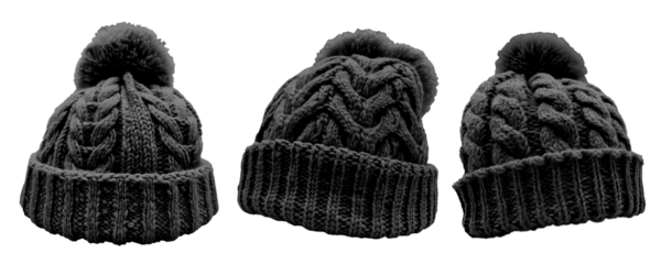 Set of black pom pom ball knit knitted woven cuffed wool ribbed beanie hat, front and flat lay view on transparent cutout PNG file. Mockup template for artwork design