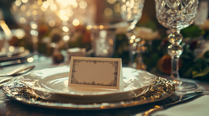 Fototapeta premium Formal Event Dining Setup with Empty Place Card for Personalization