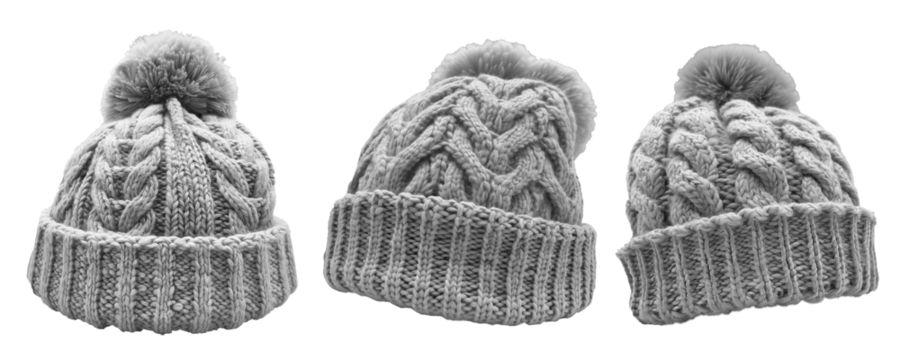 Set of grey pom pom ball knit knitted woven cuffed wool ribbed beanie hat, front and flat lay view on transparent cutout PNG file. Mockup template for artwork design