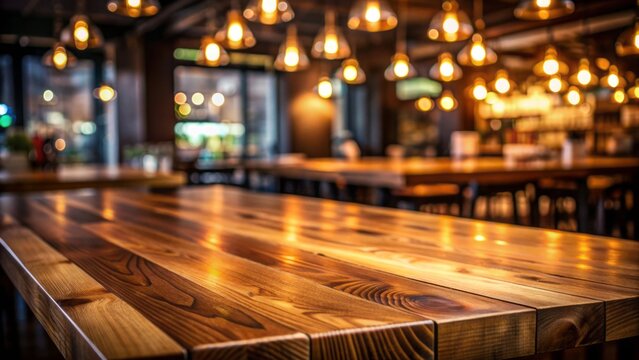 Polished wooden table top with subtle light reflections amidst dimly lit ambient atmosphere of an empty evening restaurant or bar setting.