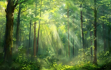 Fototapeta premium Sunlight Through Green Forest Trees