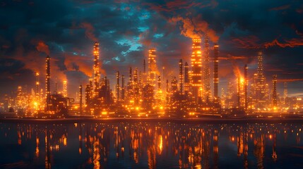 Fototapeta premium Industrial oil and gas power plant with refinery and storage tanks, combined with demand price chart analysis for petrochemical industry