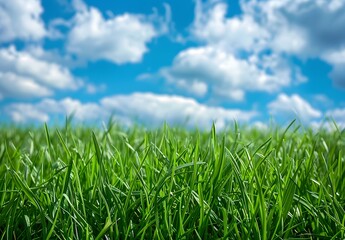 Fototapeta premium Green Grass Close Up with Blue Sky and Clouds