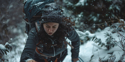 caucasian woman climber who climbs during snowfall