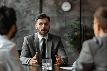 Serious businessman talking to colleagues during meeting in office. Group of businesspeople sitting at table and discussing something. Communication concept