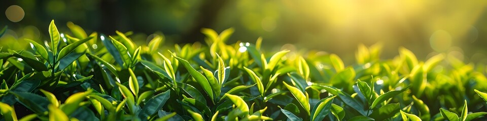 Obraz premium Green Tea Leaves Sunlight Blurred Grass Sunrise