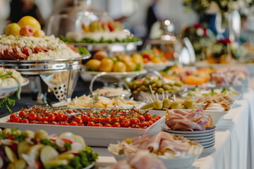 buffet foods on long table, Celebration, luxury food