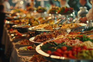 buffet foods on long table, Celebration, luxury food