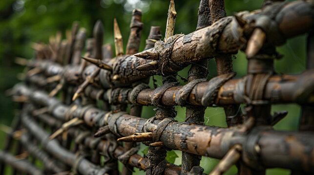 Detailed Close-Up of Ancient Hunting Trap with Wooden Spikes and Woven Vines against Natural Background, Showcasing Primitive Techniques