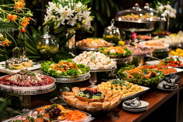 buffet foods on long table, Celebration, luxury food