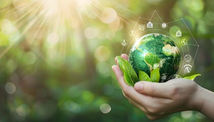 Hand Holding Earth Globe with Green Energy Icons