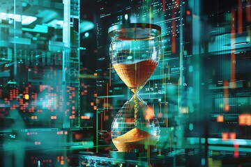 Hourglass and digital code on screen.