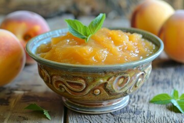 Ceramic bowl overflowing with peach jam and garnished with fresh mint