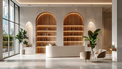 Modern minimalist reception desk in an office with arched windows and tall columns in the background. 