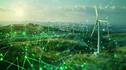 A green energy logo superimposed on an image of wind turbines.