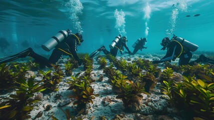 Group of scuba divers working on underwater coral restoration project in clear blue ocean with vibrant marine life and healthy coral reef.