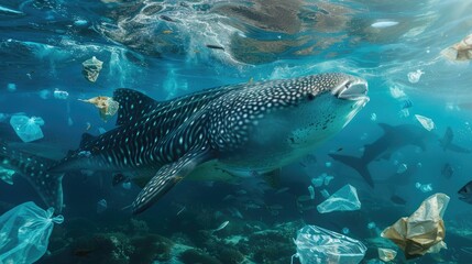 Fototapeta premium A whale shark swimming near plastic bags in the open ocean.