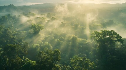 Fototapeta premium Sunbeams Through Misty Rainforest Canopy
