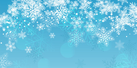 Random falling snow flakes wallpaper. Snowfall dust freeze granules. Snowfall sky white teal blue background. Many snowflakes vector. Snow nature scenery.