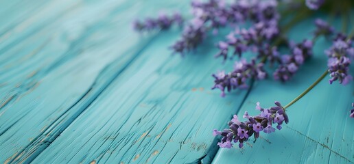 Obraz premium Closeup Lavender Flowers on Blue Wooden Table