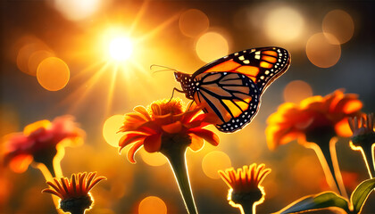 Monarch Majesty: Butterfly Perched on Bloom at Golden Sunset