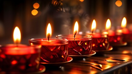 burning red candles with dripping wax on a dark background with golden bokeh. concept of esotericism, fortune telling, holiday. Playground AI platform