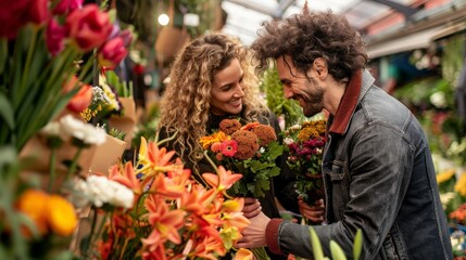 A couple buying fresh flowers at a colorful flower market, choosing from a variety of blooms