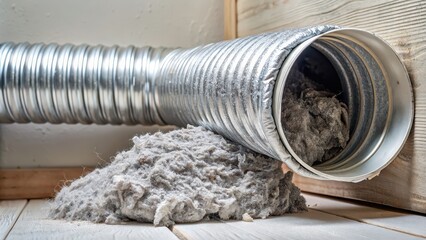 Flexible aluminum dryer vent duct filled with lint, dust and dirt , laundry, dirty, vent, ductwork, flexible, aluminum, dryer