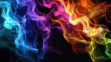 Abstract glowing lines forming intricate patterns in vibrant hues against a black backdrop, symbolizing creativity.