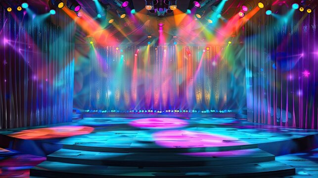 Brightly decorated stage with colorful backdrop and spotlights, ready for action