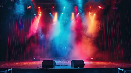 Colorful stage setup with vibrant backdrop and artistic elements, awaiting a performance