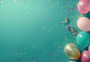 Teal Party Background with Balloons, Confetti, and Streamers