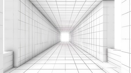 Digital grid of room space with one point perspective white empty geometric cyberspace studio background virtual three dimension scene easy guide architecture template