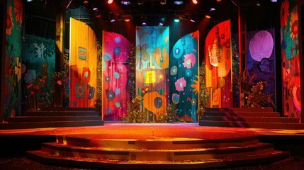 Lively stage decor with bright, vibrant colors and artistic designs, no audience yet