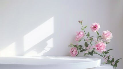 Fototapeta premium Minimalist podium with pink roses on a white table, creating a fresh spring look for product display