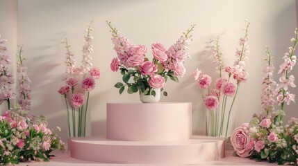 Pink roses and floral decorations on a podium, ideal for elegant spring product displays