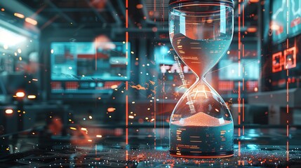 Futuristic hourglass in a digital world.