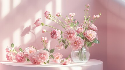 Podium with lush pink roses on a pastel table, perfect for spring-themed product presentations