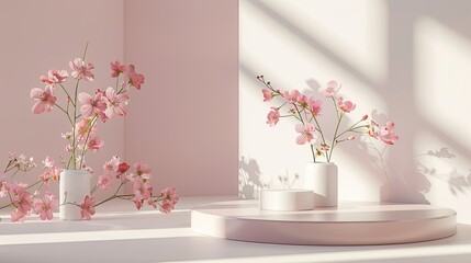 Podium with pink spring flowers, perfect for showcasing products on a pastel-colored table